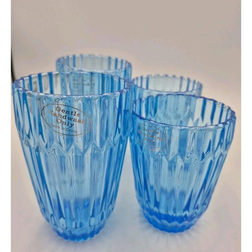 Crate & Barrel Set Of 4Glasses Tumblers Vibrant Blue Shabby Chic Two Sizes 5